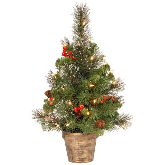 2ft. Pre-Lit Crestwood Spruce Small Tree With Silver Bristle, Cones, Red Berries &#x26; Glitter In A Plastic Bronze Pot, Clear Lights